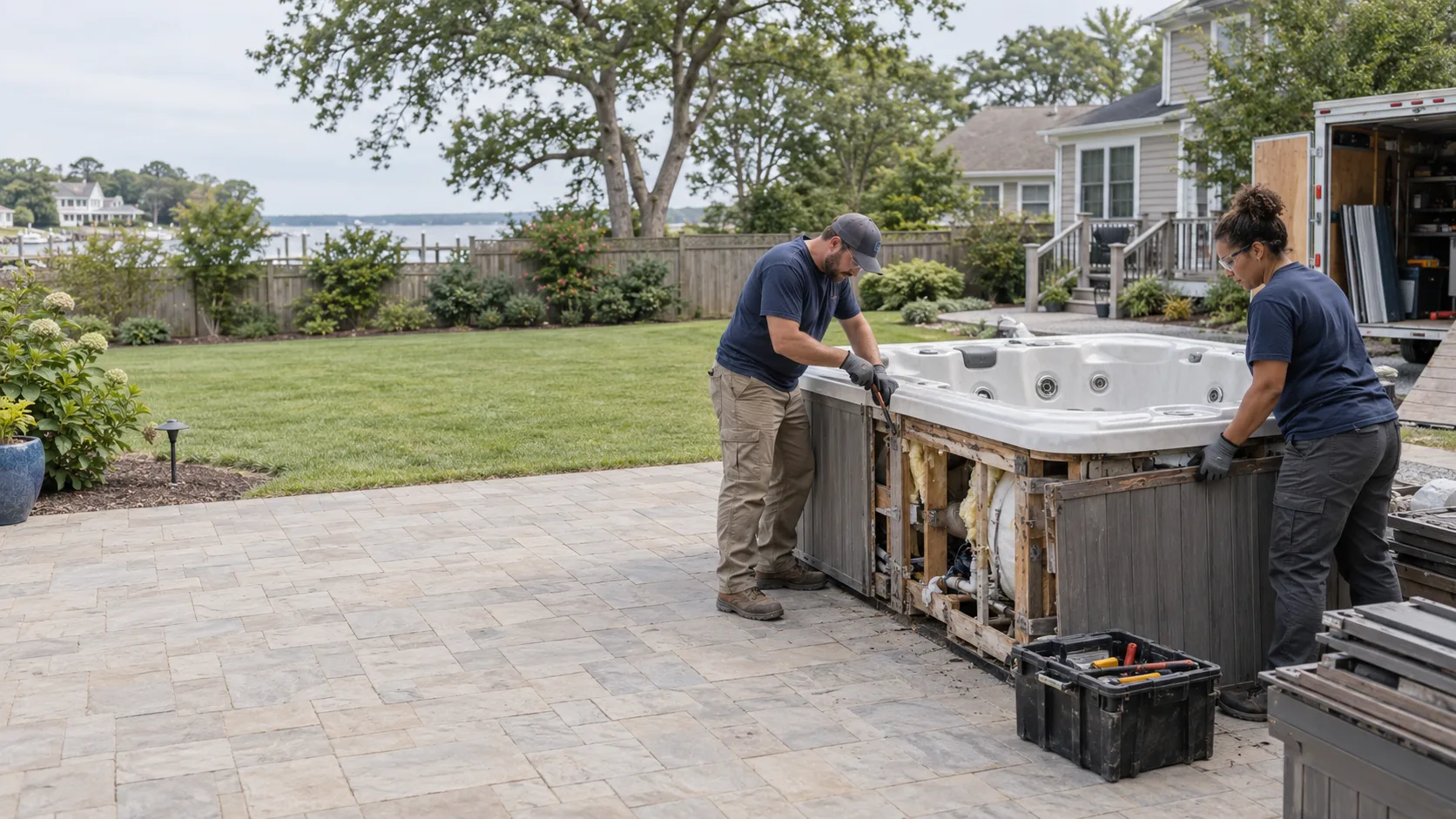 Workers removing exterior panels from a drained backyard hot tub
